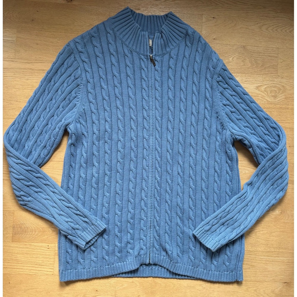 LL Bean Men XL Blue Cable Knit Full Zip Mock Neck Cotton Sweater Vintage Grandad